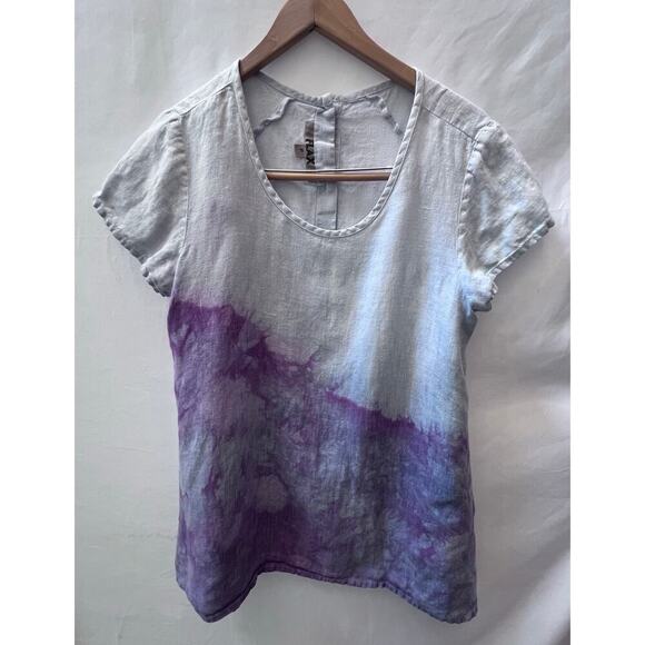 FLAX Tie Dye 100% Linen Women's Beachy Look Top Sz P Back Buttons Short Sleeve - Picture 1 of 9
